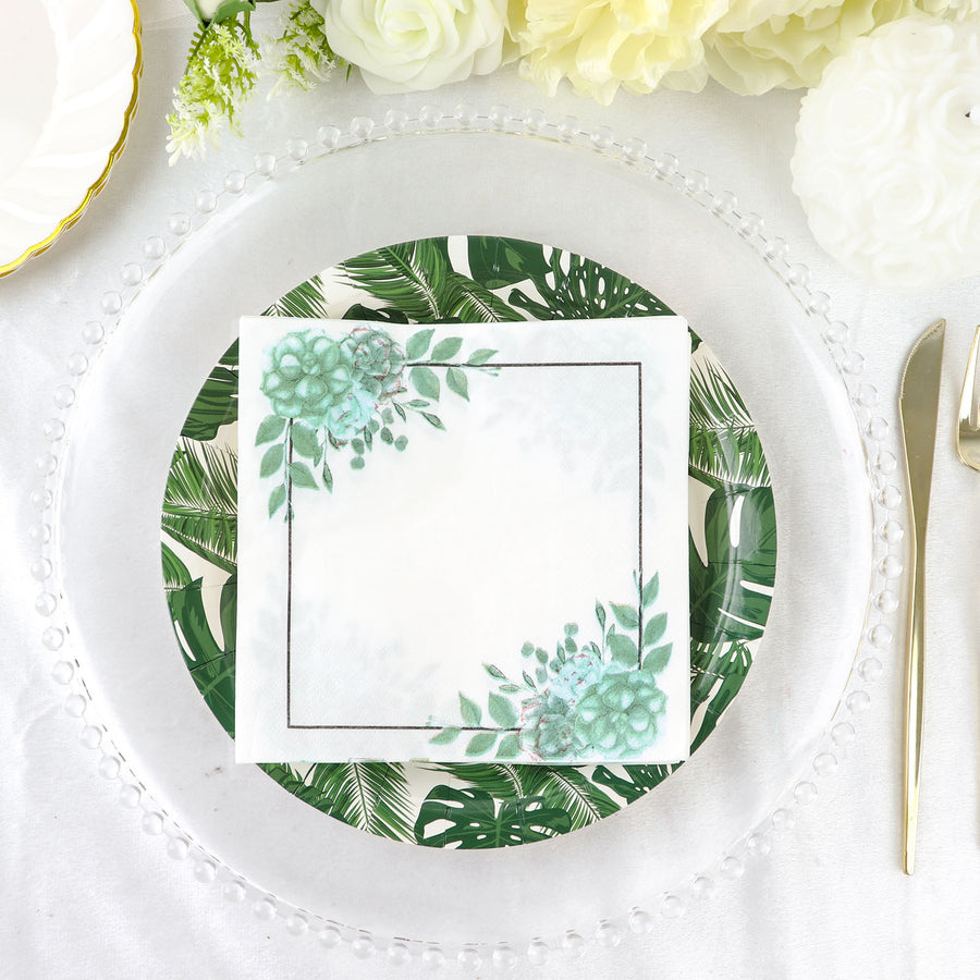 20 Pack | White And Green Floral Design Dinner Paper Napkins, Beverage Napkins