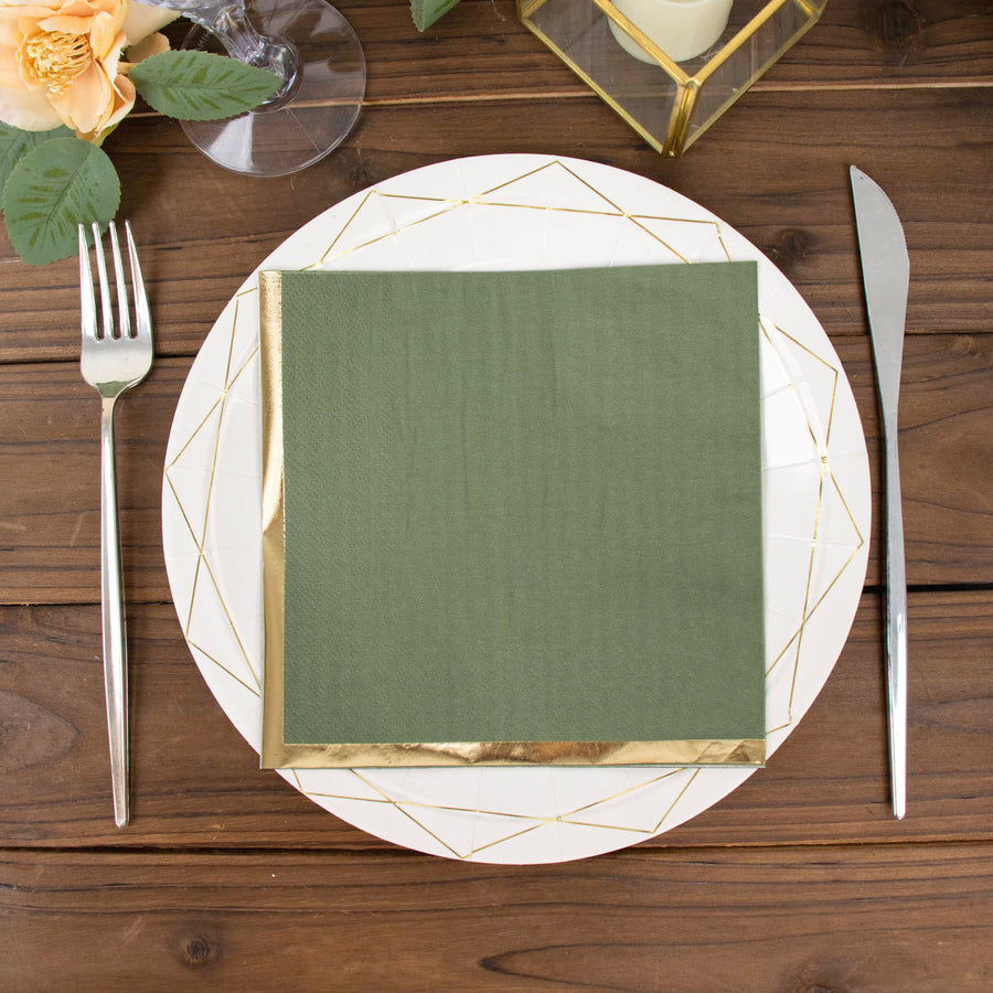 50 Pack | 2 Ply Soft Olive Green With Gold Foil Edge Dinner Paper Napkins