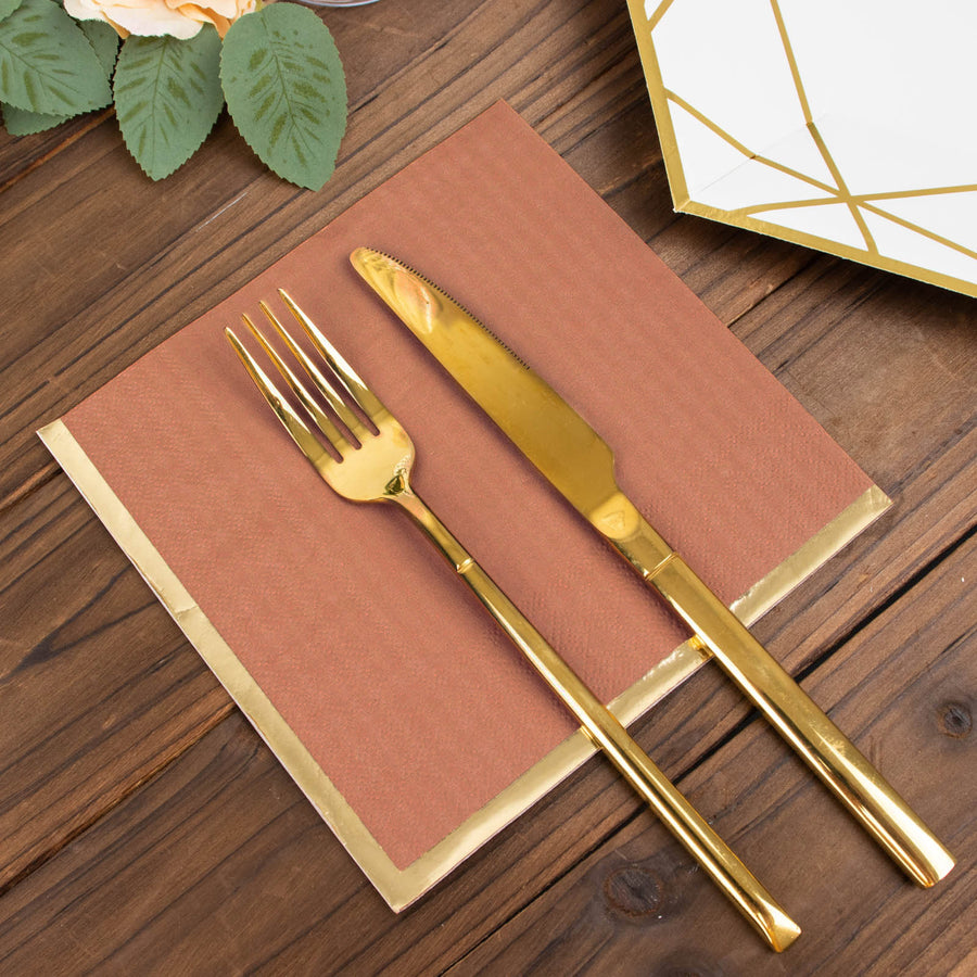 50 Pack | 2 Ply Soft Terracotta With Gold Foil Edge Dinner Paper Napkins