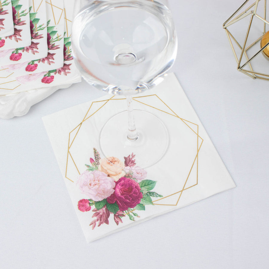 20 Pack | 2 Ply Soft White / Gold Hexagon Frame Floral Paper Napkins
