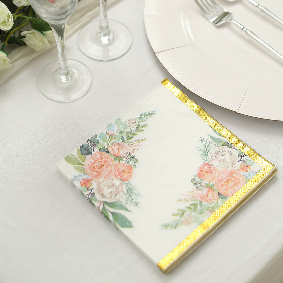 20 Pack | White Gold Trim Pink Peony Floral Design Cocktail Napkins
