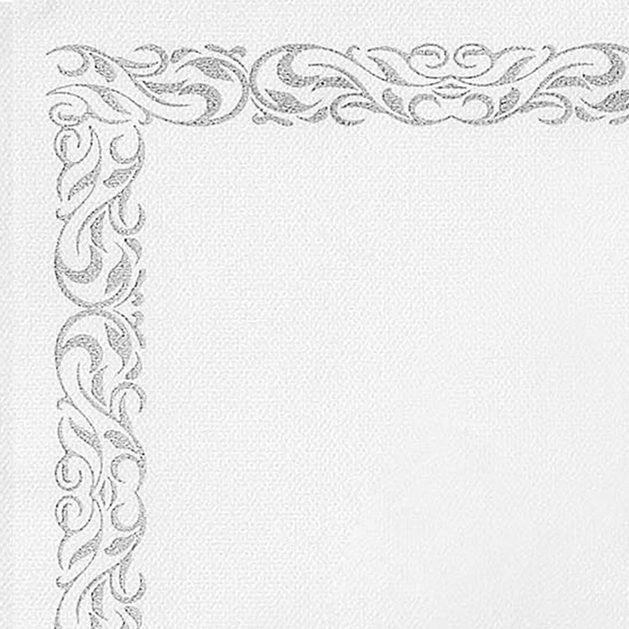 White Airlaid Paper Cocktail Napkins, Soft Linen-Feel Napkin With Silver Scroll Floral Design#whtbkgd