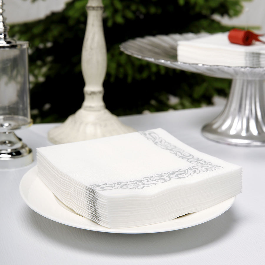 White Airlaid Paper Cocktail Napkins, Soft Linen-Feel Napkin With Silver Scroll Floral Design