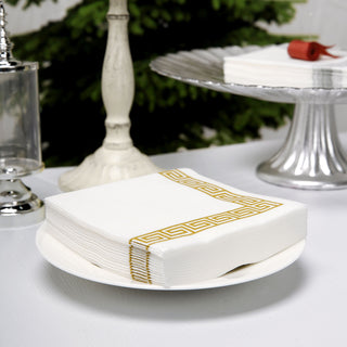 White Soft Linen-Like Airlaid Paper Cocktail Napkins With Gold Greek Key Design - 20 Pack
