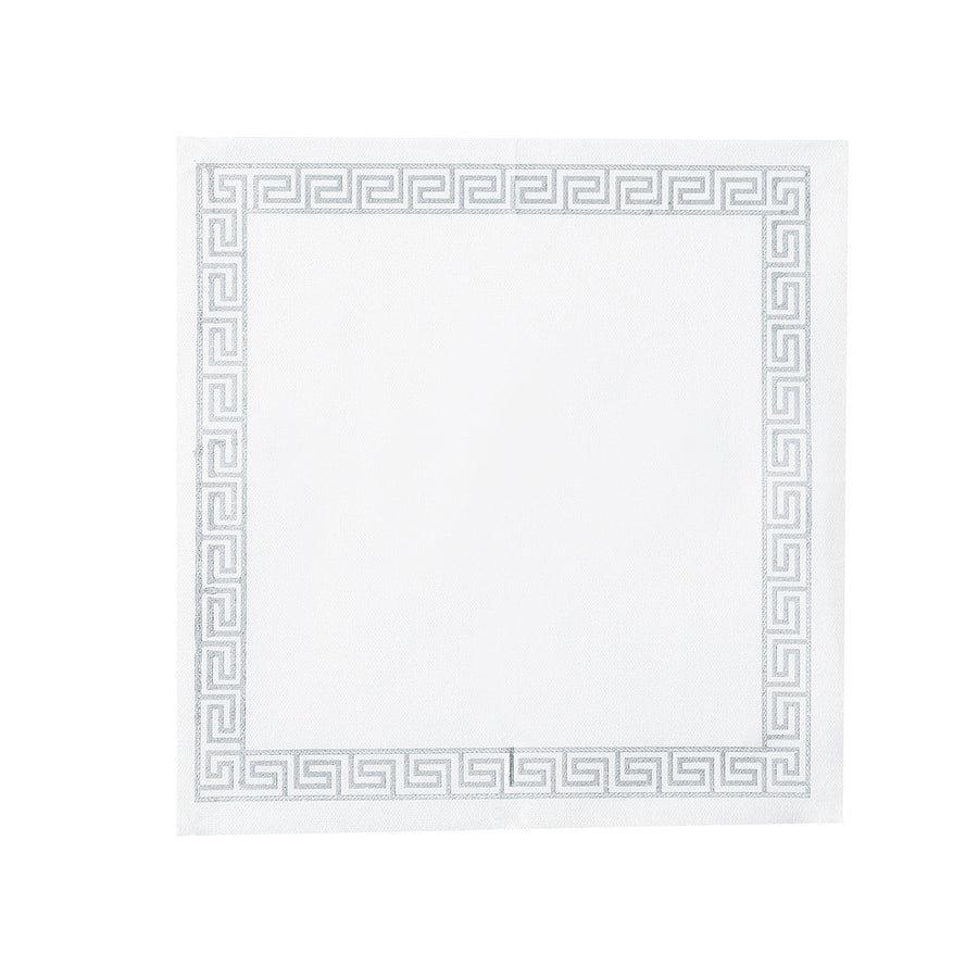 White Airlaid Paper Cocktail Napkins, Soft Linen-Feel Napkin With Silver Scroll Floral Design
