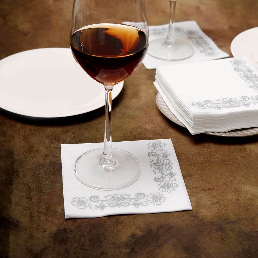 Airlaid Paper Cocktail Napkins, Soft Linen-Feel Napkin With Silver Floral Design
