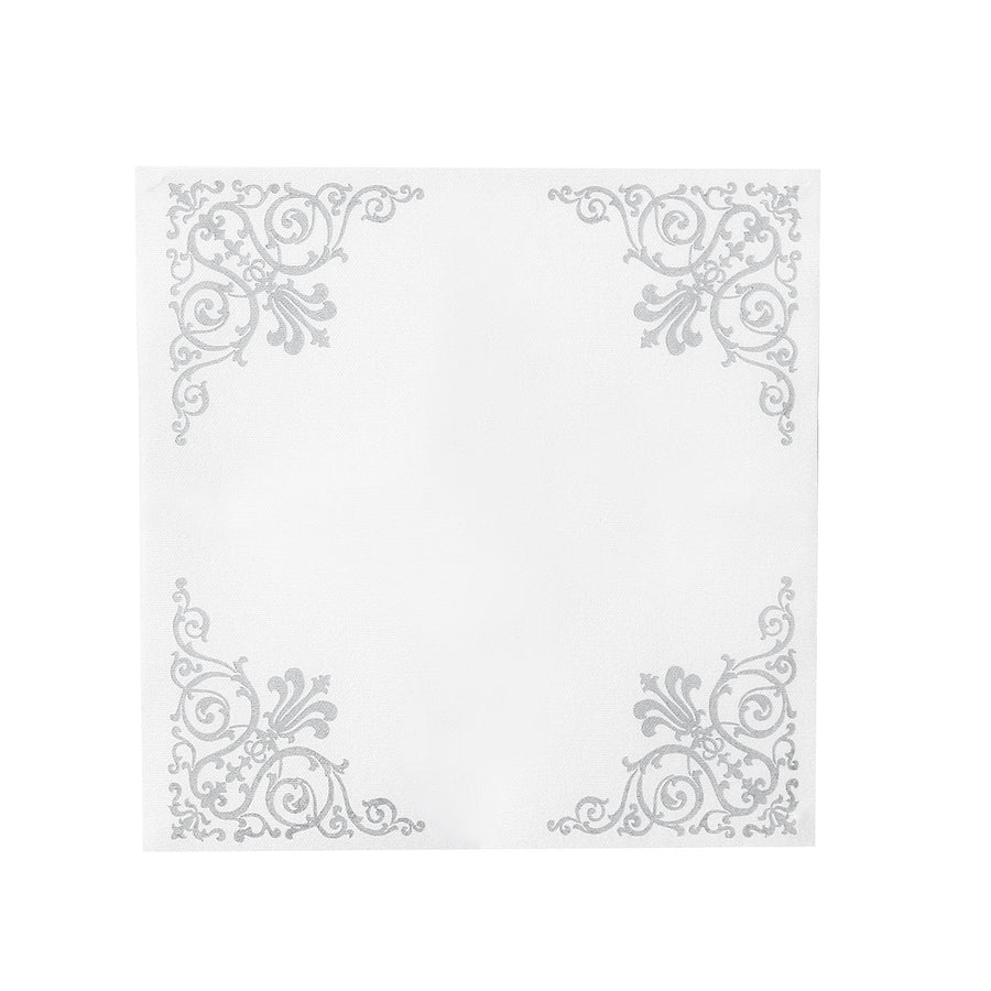 White Airlaid Paper Cocktail Napkins, Soft Linen Like Napkin With Silver Fleur Vintage Design