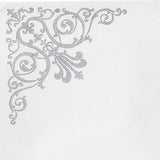 White Airlaid Paper Cocktail Napkins, Soft Linen Like Napkin With Silver Fleur Vintage Design#whtbkgd