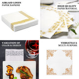 White Airlaid Paper Cocktail Napkins, Soft Linen-Feel Napkin With Gold Greek Key Design