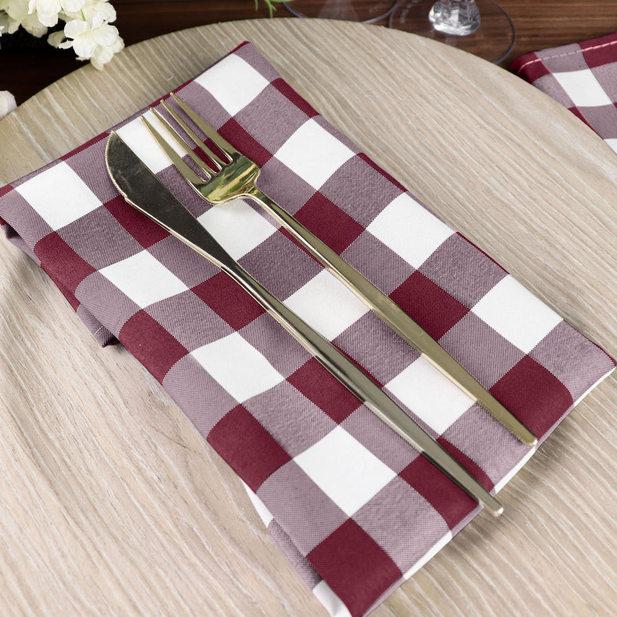 5 Pack | Burgundy/White Buffalo Plaid Cloth Dinner Napkins, Gingham Style | 15x15Inch