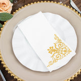 20 Gold Foil White Airlaid Linen-Feel Paper Dinner Napkins, Disposable Hand Towels Fleur Vintage