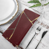 5 Pack | Modern Burgundy & Geometric Gold Cloth Dinner Napkins | 20x20Inch