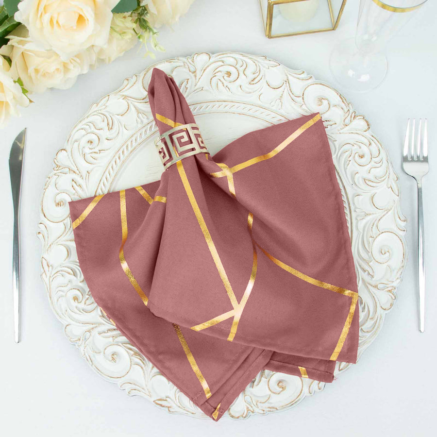 5 Pack | Cinnamon Rose With Geometric Gold Foil Cloth Polyester Dinner Napkins