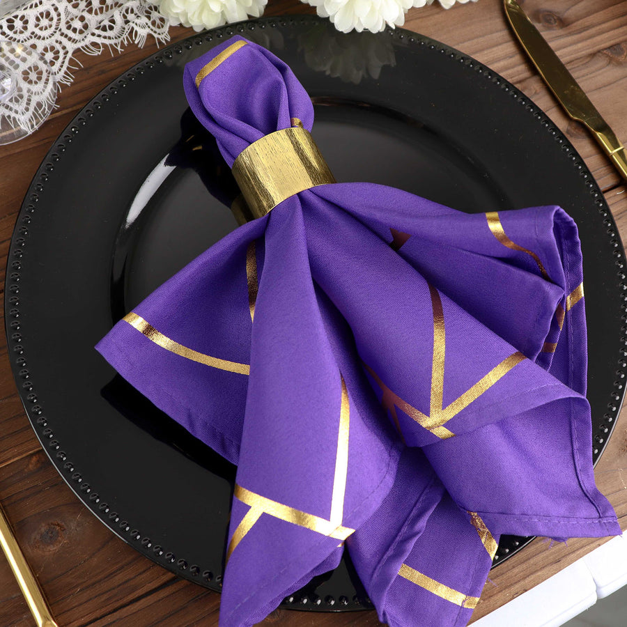 5 Pack | Purple With Geometric Gold Foil Cloth Polyester Dinner Napkins | 20x20inch