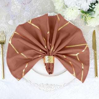 Terracotta (Rust) With Geometric Gold Foil Cloth Polyester Dinner Napkins