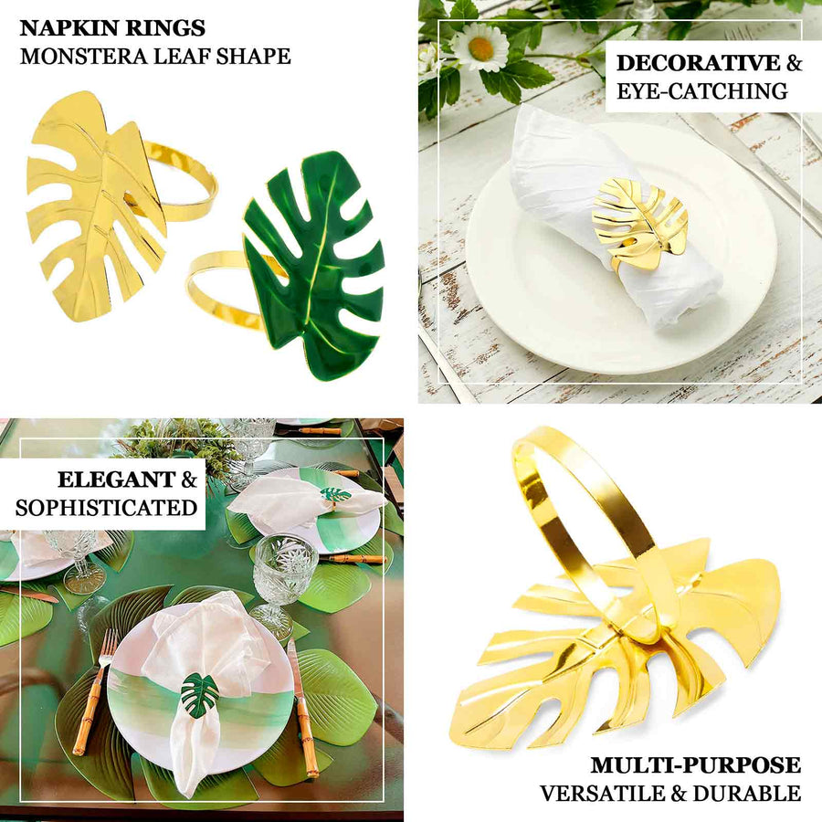 4 Pack Green Tropical Leaf Shaped Metallic Gold Napkin Rings, Linen Napkin Holders