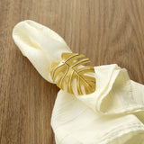 4 Pack | Leaf Design Metallic Gold Napkin Rings, Linen Napkin Holders With Gold Tropical Leaf Decor