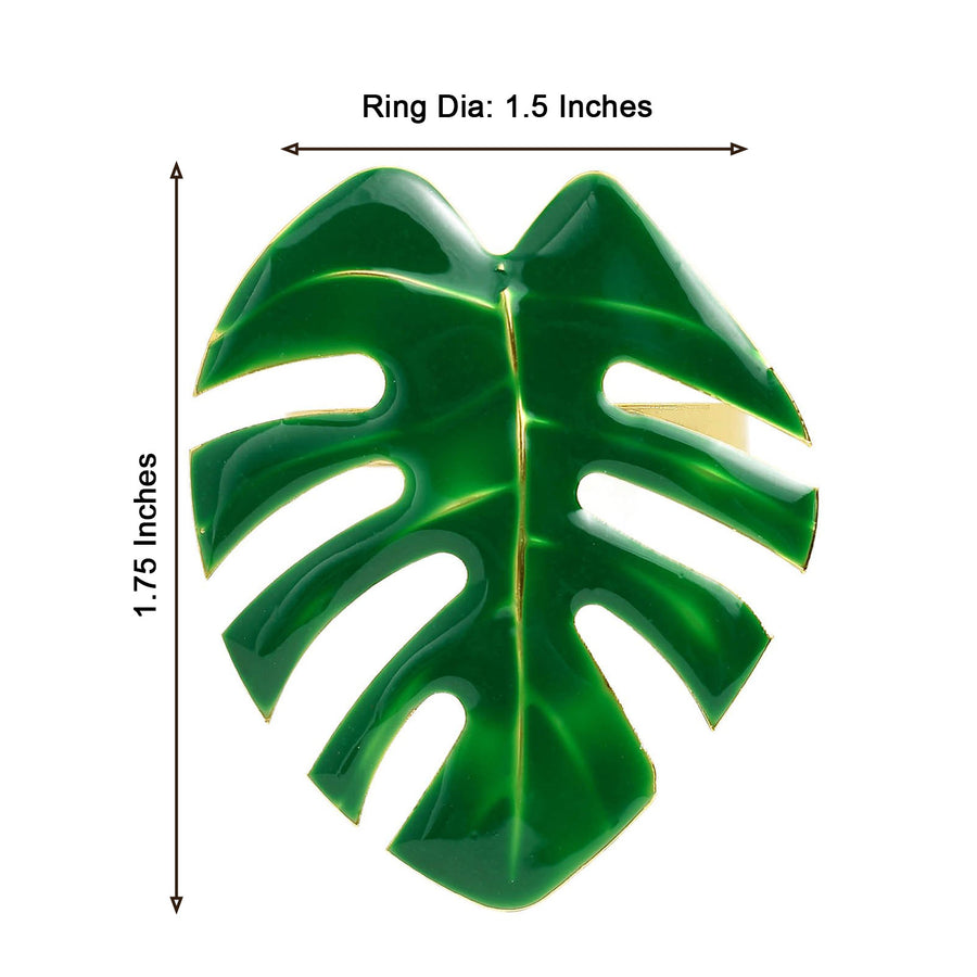 4 Pack | Green Tropical Leaf Shaped Metallic Gold Napkin Rings, Linen Napkin Holders