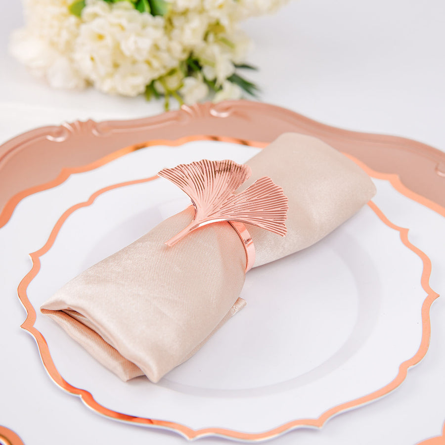 4 Pack | Rose Gold Ginkgo Leaf Napkin Rings, Linen Napkin Holders - Metallic Ornate Design - Blush