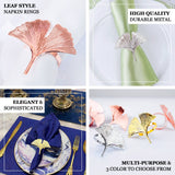 4 Pack | Rose Gold Ginkgo Leaf Napkin Rings, Linen Napkin Holders - Metallic Ornate Design - Blush