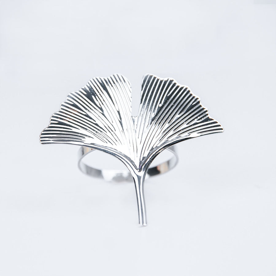 4 Pack | Silver Ginkgo Leaf Napkin Rings, Linen Napkin Holders - Metallic Ornate Design