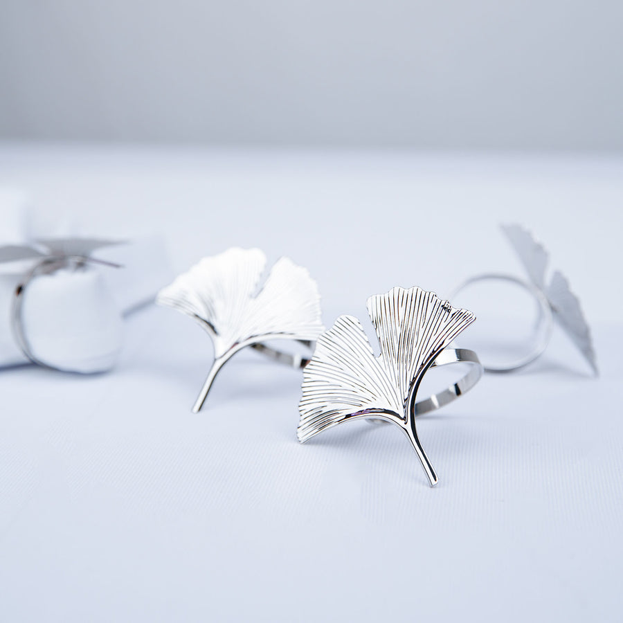 4 Pack | Silver Ginkgo Leaf Napkin Rings, Linen Napkin Holders - Metallic Ornate Design