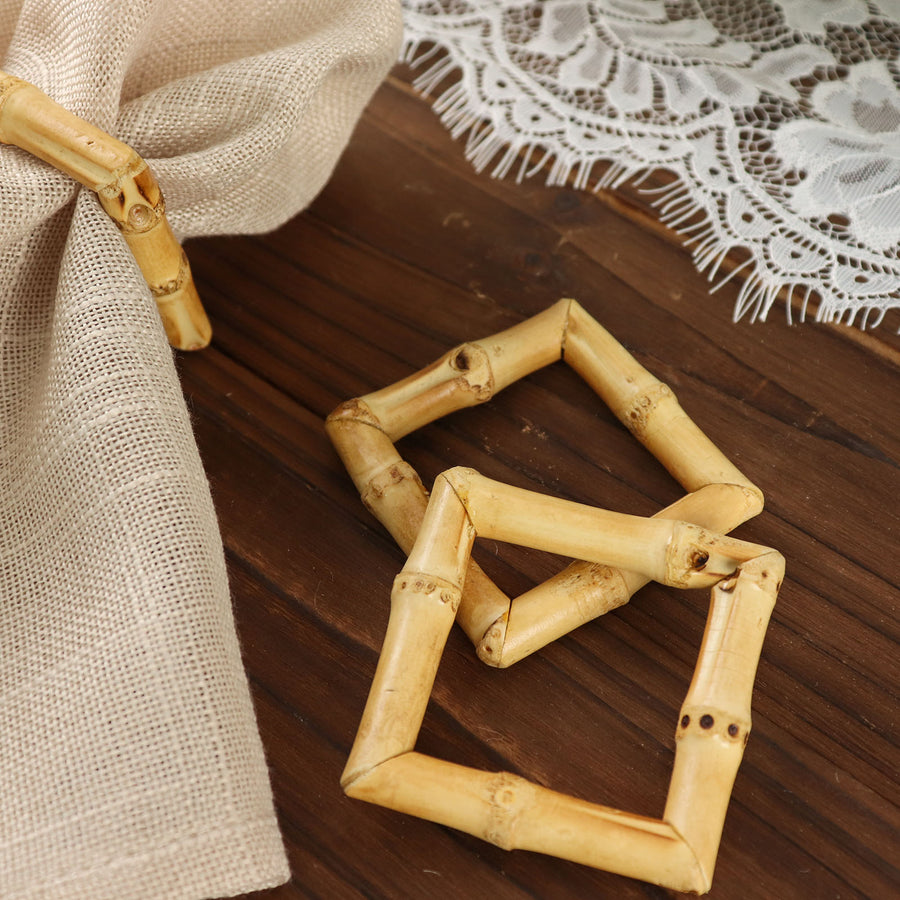 4 Pack | Natural Bamboo Wooden Square Napkin Rings, Rustic Boho Chic Napkin Holders