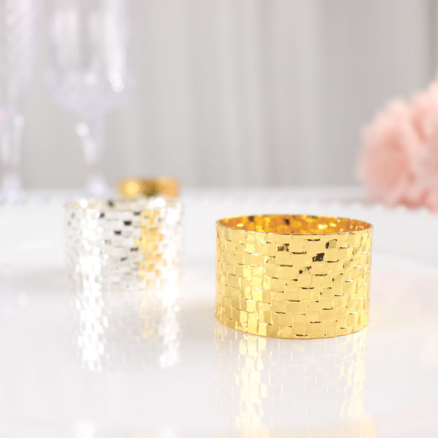 4 Pack | Shiny Gold Basket Weave Napkin Rings, Metallic Napkin Holders