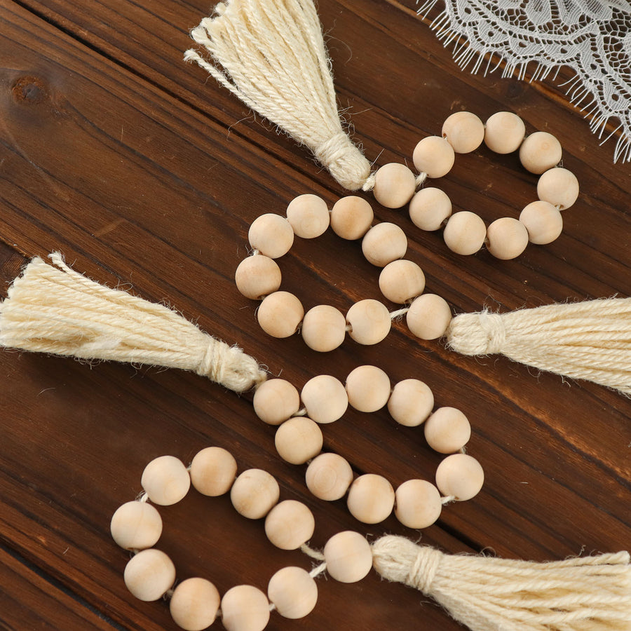4 Pack | 6inch Cream Rustic Boho Chic Wood Bead Napkin Rings With Tassels