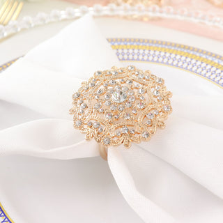 Add Glamour to Your Table with Diamond Rhinestone Gold Metal Flower Napkin Rings