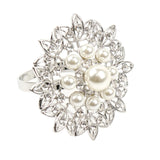 4 Pack | Pearl And Diamond Rhinestone Flower Silver Metal Napkin Rings#whtbkgd