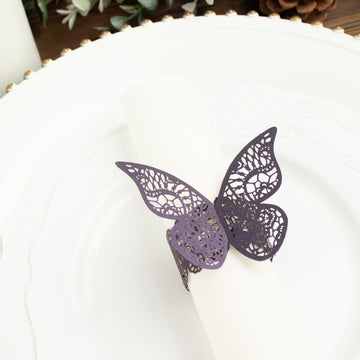 12 Pack Purple Shimmery Laser Cut Butterfly Paper Chair Sash Bows, Napkin Rings, Serviette Holders