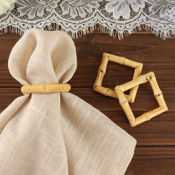 4 Pack Natural Bamboo Wooden Square Napkin Rings, Rustic Boho Chic Napkin Holders