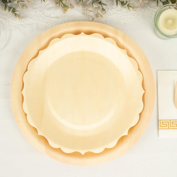 12 Pack 9" Natural Birch Wood Scalloped Biodegradable Dinner Plates, Eco-Friendly Disposable Plates
