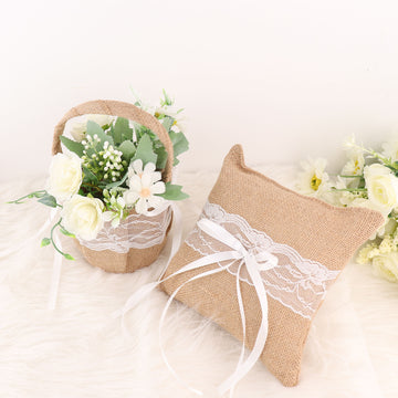 1 Set | Natural Burlap and Lace Flower Girl Petal Basket and Ring Bearer Pillow Wedding Set