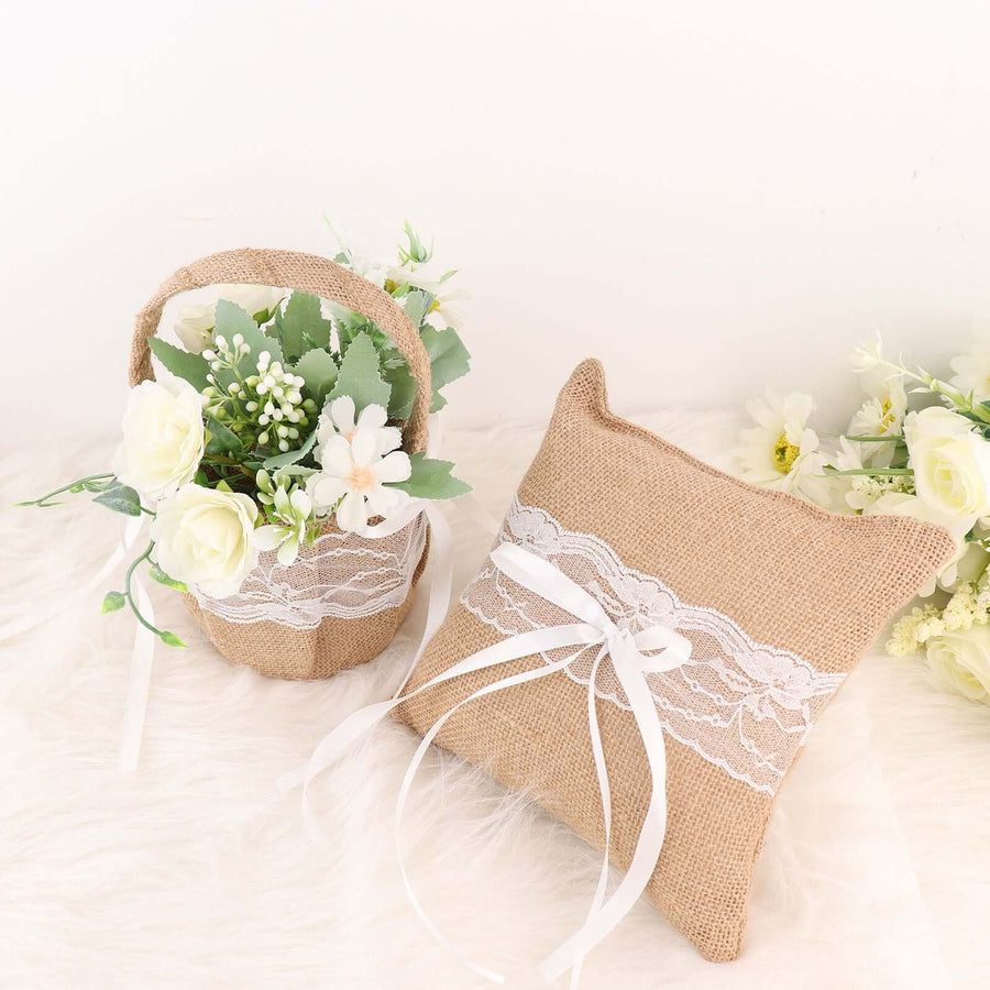 1 Set | Natural Burlap & Lace Flower Girl Petal Basket & Ring Bearer Pillow Wedding Set