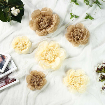 Set of 6 | Natural / Cream Peony 3D Paper Flowers Wall Decor - 7",9",11"