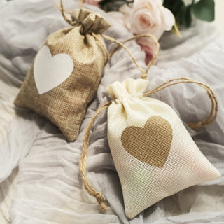 Natural/Ivory Heart Design Jute Burlap Gift Bags - Rustic Wedding Party Favor Bags