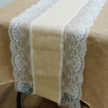 16"x108" Natural Jute Burlap Table Runner With White Lace Edges