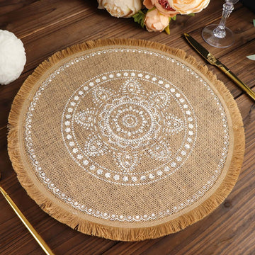 4 Pack Natural 15" Jute Fringe White Embroidery Print Placemats, Rustic Round Woven Burlap Tassel Table Mats