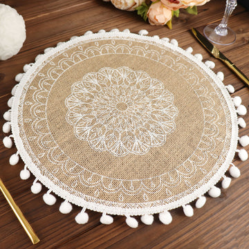 4 Pack Natural 15" Jute and White Embroidery Mandala Print Placemats, Rustic Round Woven Burlap Tassel Table Mats With Beaded Edges