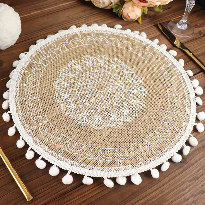 Jute & White Embroidery Mandala Print Placemats, Rustic Round Woven Burlap Tassel Table Mats