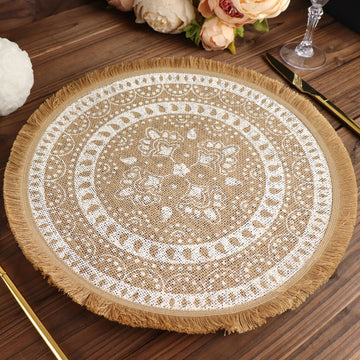 4 Pack Natural 15" Jute and White Print Fringe Placemats, Rustic Round Woven Burlap Tassel Table Mats