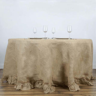 Add a Natural Touch to Your Table with the 120" Natural Round Ruffled Burlap Rustic Seamless Tablecloth