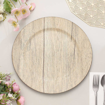6 Pack 13" Natural Rustic Faux Wood Plastic Charger Plates, Round Boho Chic Wedding Party Service Plates