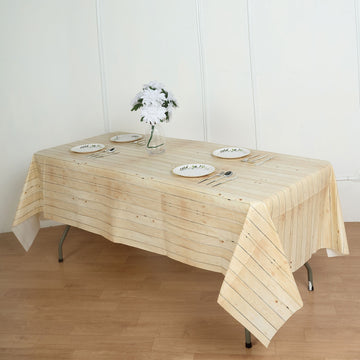 52"x108" Natural Rustic Wooden Print Plastic Vinyl Tablecloth, Waterproof Disposable PVC Tablecloth