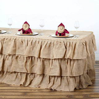 Create a Rustic Style Party Space with the 14ft Natural 3 Tier Ruffled Burlap Table Skirt