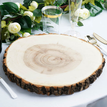 15" Dia Natural Wood Charger Plates With Bark Edge Wood Slice Chargers Rustic Wedding Table Settings
