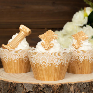 Natural Wood Grain and Lace Print Cupcake Wrappers - Add Elegance to Your Desserts