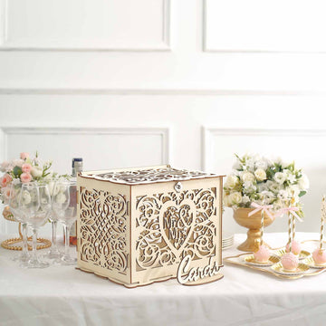 Natural Wooden Laser Cut "Mr. & Mrs." Wedding Card Box With Label, Rustic DIY Hollow Money Box And Stand - 12"x9"